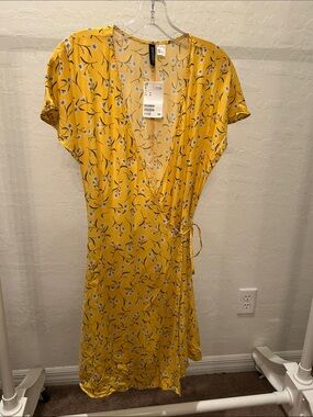H&M Yellow Floral Wrap Midi Dress